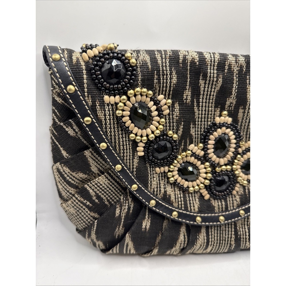 Rafe Large Beaded Clutch Handbag Leather Stones 12x9 Chain Strap - Picture 3 of 14